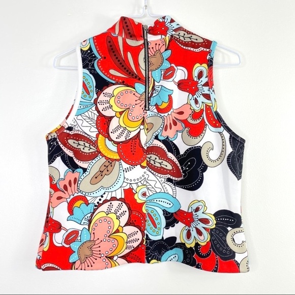 New York & Company 7th Avenue Studio Retro Floral Mock Neck Sleeveless Top Red - Picture 4 of 6